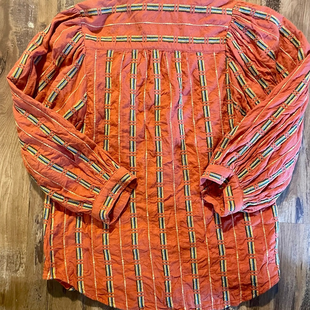 Anthropologie | Pilcro Bella Femme Orange Striped Embroidered Button Down Shirt - Picture 9 of 14